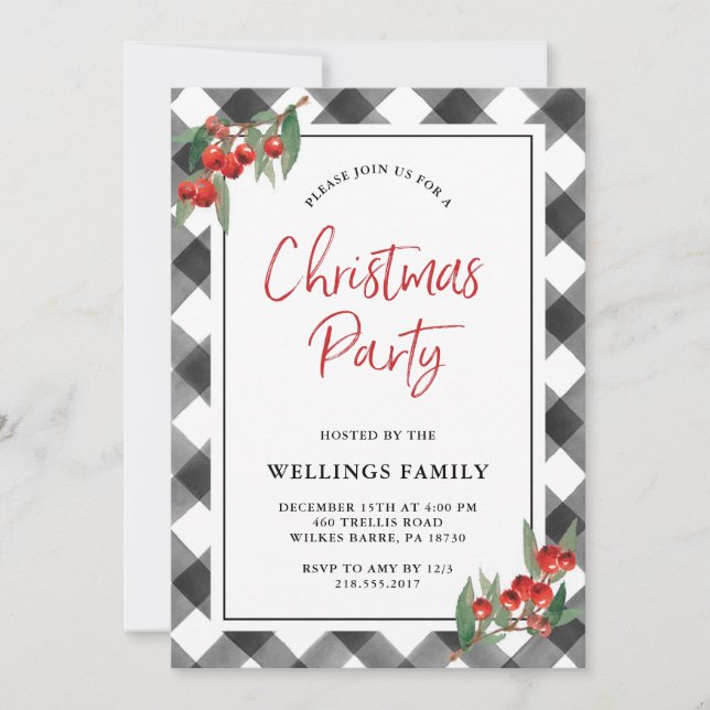 Invitation Buffalo Check Black & White Custom Christmas Party (Devant)