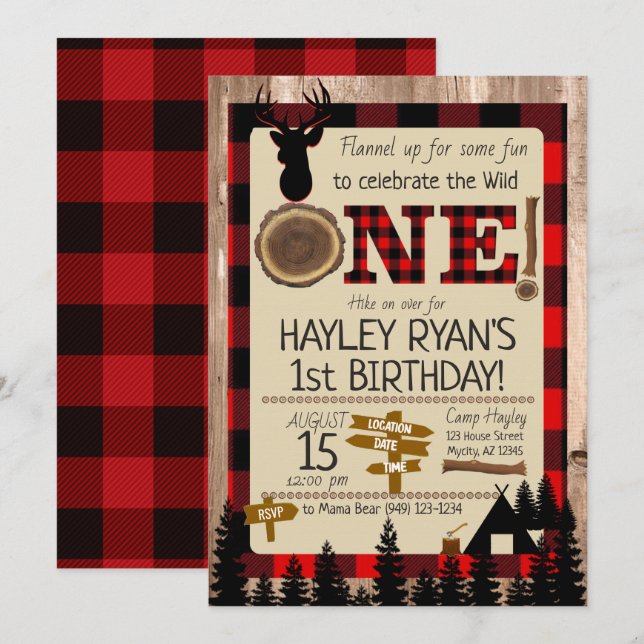Invitation Buffalo Check Flannel Wild One Deer 1er anniversai (Devant / Derrière)