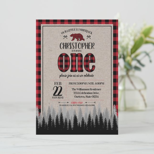 Invitation Buffalo Check Lumberjack Boy 1er anniversaire (Debout devant)