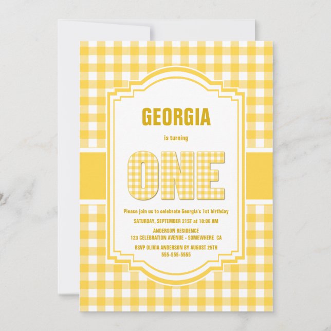 Invitation Buffalo Jaune Plaid 1ère fête d'anniversaire (Devant)