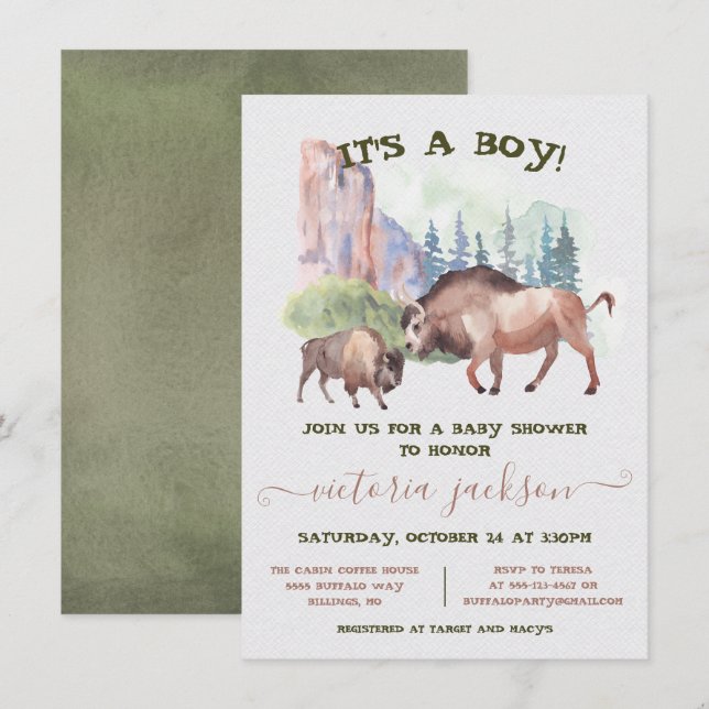 Invitation Buffalo maman et bébé baby shower rustique aquarel (Devant / Derrière)