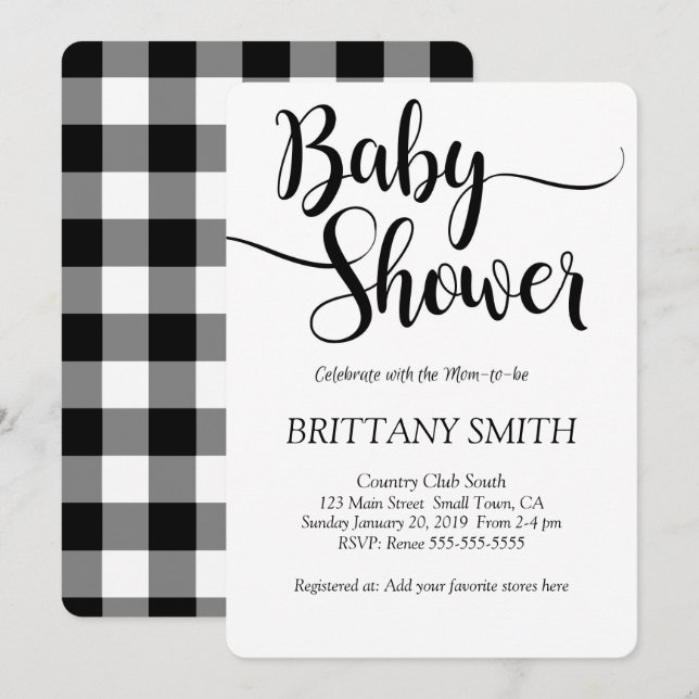 Invitation Buffalo Plaid Baby shower simple (Devant / Derrière)