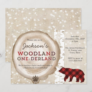 Invitation Buffalo Plaid Bear Cub Winter Forest 1er anniversa