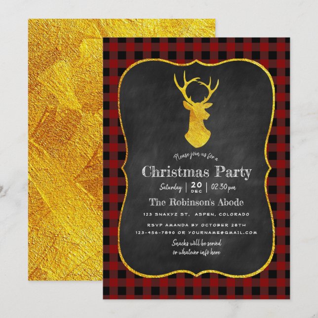 Invitation Buffalo Plaid Chalkboard Foil Noël (Devant / Derrière)