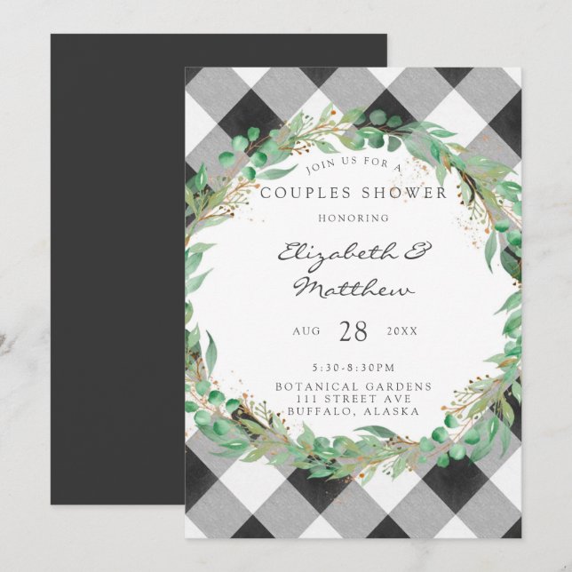 Invitation Buffalo Plaid Christmas Wreath Gold Couples Douche (Devant / Derrière)