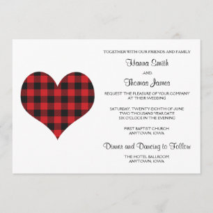 Invitation Buffalo Plaid Mariage Black Red Heart