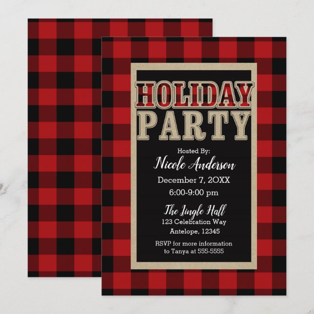 Invitation Buffle noir rouge Plaid Russe Fête de Fêtes (Devant / Derrière)