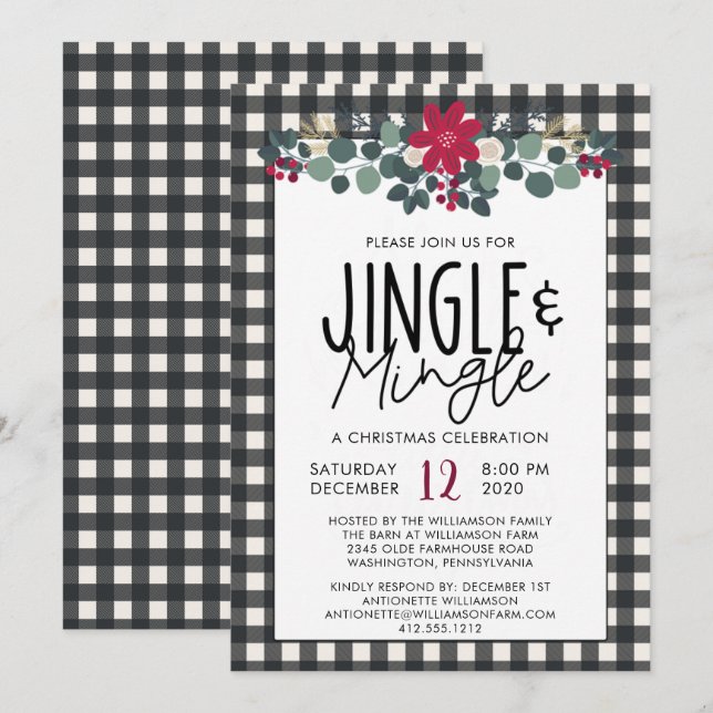 Invitation Buffle noir rustique blanc Plaid Christmas Party (Devant / Derrière)