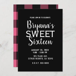 Invitation Buffle rose et noir Plaid Sweet 16 fête d'annivers