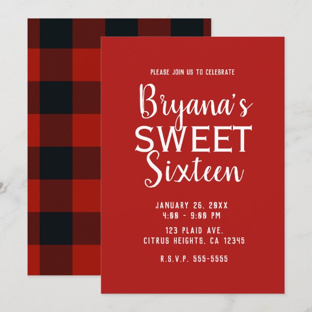 Invitation Buffle rouge et noir Plaid Sweet 16 fête d'anniver (Devant / Derrière)