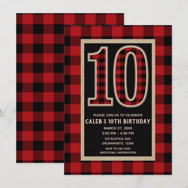 Invitation Buffle rouge rustique noir Plaid 10e fête d'annive (Devant / Derrière)