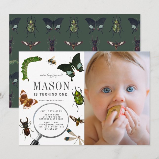 Invitation Bugs & Insectes Vintage Garçon Photo 1er anniversa (Devant / Derrière)