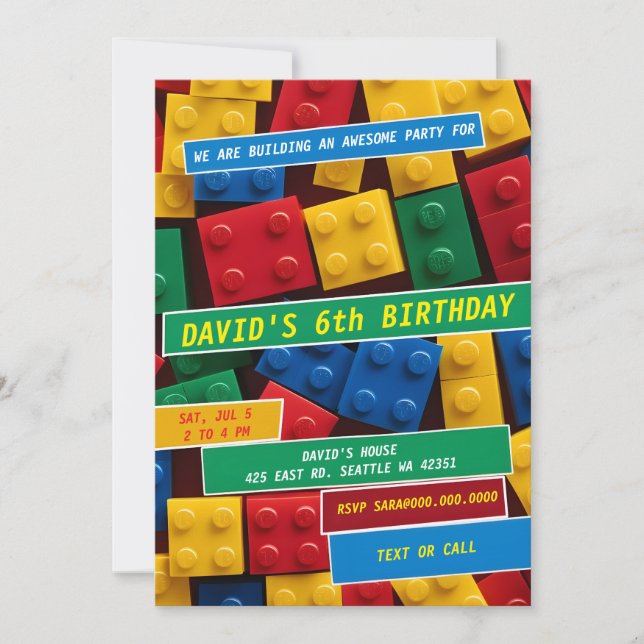 Invitation Building Blocks Building Bricks Blocks Birthday  (Devant)