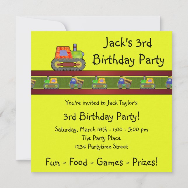 Invitation Bulldozer Jaune Boy 3ème anniversaire fête Invitat (Devant)