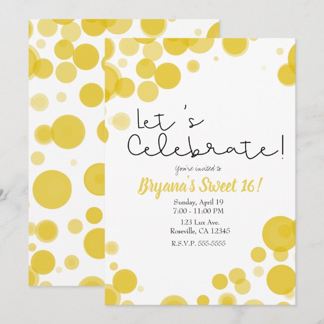 Invitation Bulles à pois jaunes Fêtons la fête (Devant / Derrière)