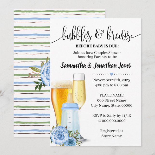 Invitation Bulles & brasseries avant bébé à baby shower bleu (Devant / Derrière)