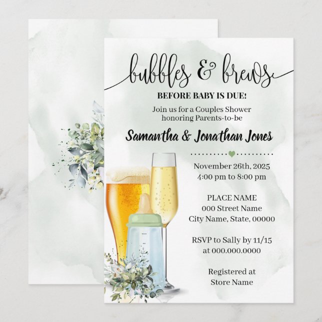 Invitation Bulles & brasseries avant bébé dû douche Eucalyptu (Devant / Derrière)