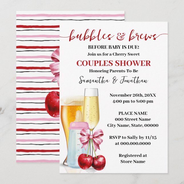Invitation Bulles & Brevets avant bébé dû Baby shower cerise (Devant / Derrière)