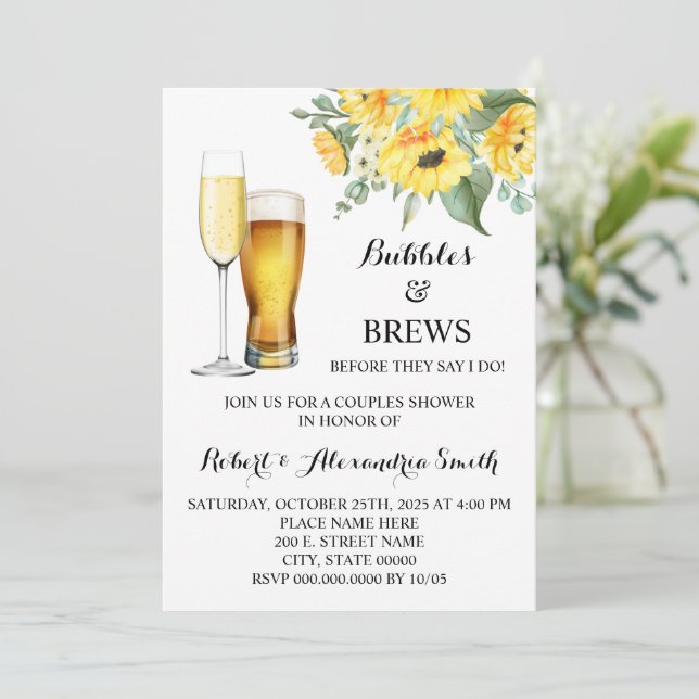Invitation Bulles & Brews Couples Wedding shower Tournesols  (Debout devant)