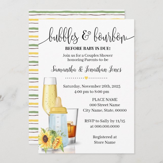 Invitation Bulles & Bris Avant Bébé Dû Sunflower Douche (Devant / Derrière)