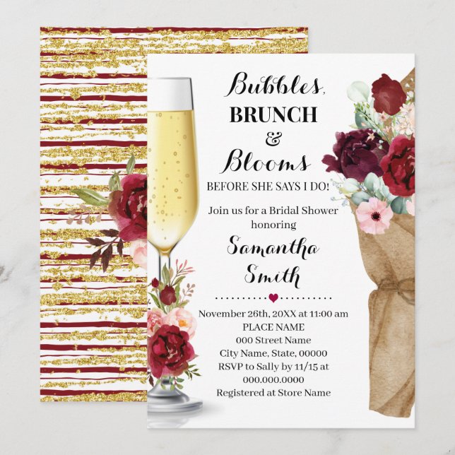 Invitation Bulles Brunch & Blooms Marsala Fête des mariées In (Devant / Derrière)