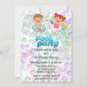 Invitation Bulles colorées Pool Party Anniversaire Jumeaux de