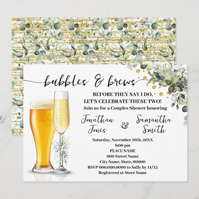 Invitation Bulles et brasse Eucalyptus & Couples Or Douche (Devant / Derrière)