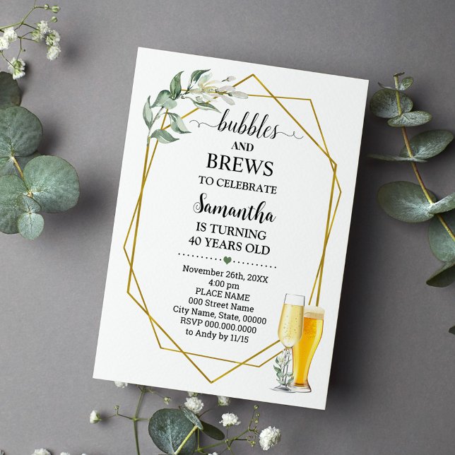 Invitation Bulles et brasseries Anniversaire Verdure Or (Créateur téléchargé)