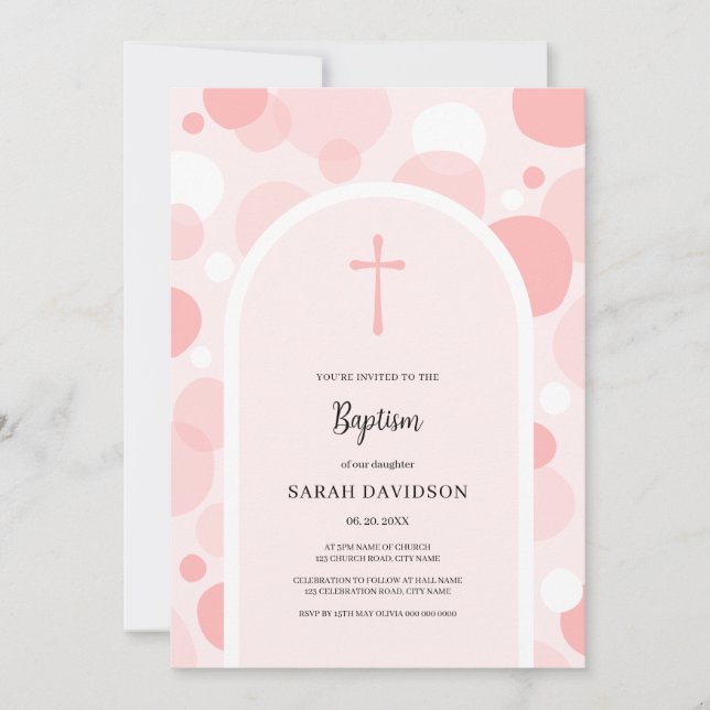 Invitation Bulles roses et arche fille Baptême Christening (Devant)