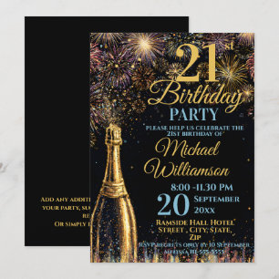 Invitation Bulleux Feux d'Artifice Or Bleu pour les 21 ans