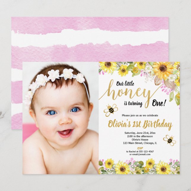 Invitation Bumble abeille fille 1er anniversaire tournesol ro (Devant / Derrière)