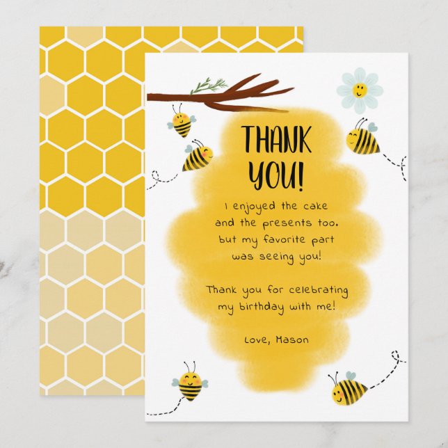 Invitation Bumble Bee Birthday Party Merci Notes (Devant / Derrière)