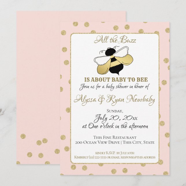 Invitation Bumble Bee Buzz Baby shower rose (Devant / Derrière)