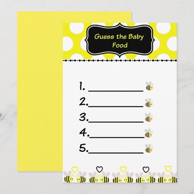 Invitation Bumble Bee devine le jeu du Baby shower alimentair (Devant / Derrière)