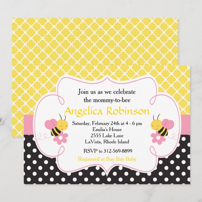 Invitation Bumble Bee Jaune et Baby shower noir (Fille) (Devant / Derrière)