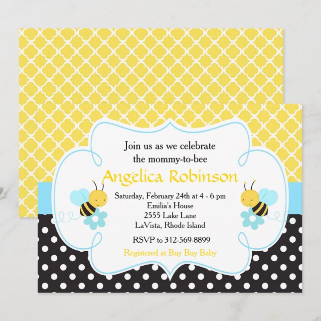 Invitation Bumble Bee Jaune et Black Boy Baby shower (Devant / Derrière)