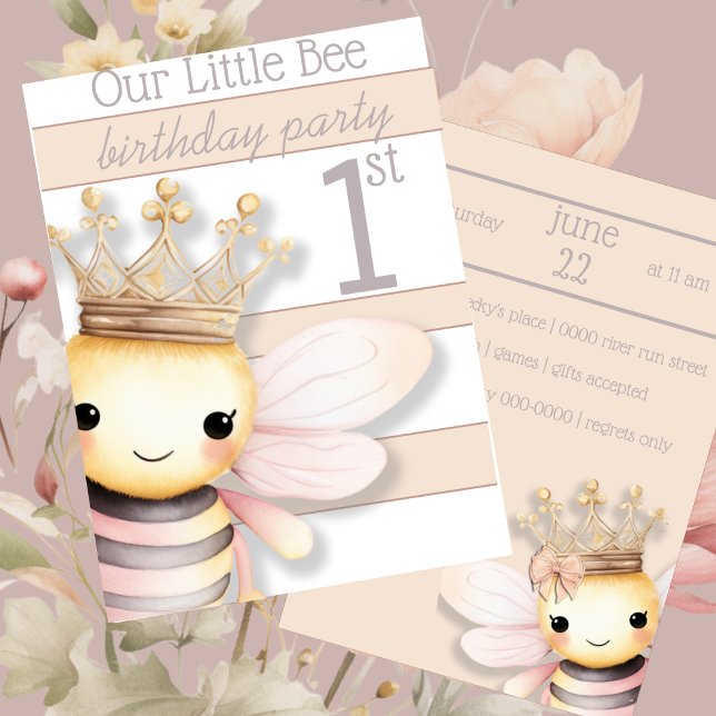 Invitation Bumble Bee mignonne avec couronne | Rose pâle | Iv (Cute bumble bee in blush pink, beige and ivory for baby's first birthday customizable invitation)