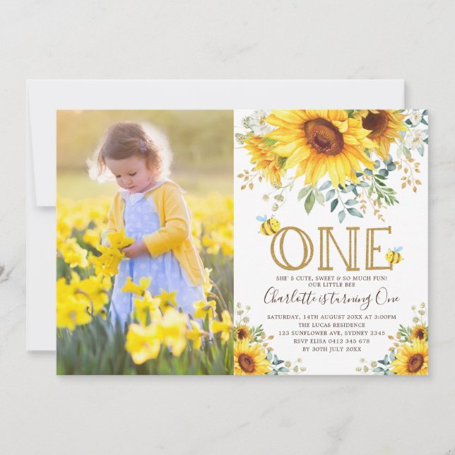 Invitation Bumble Bee Sunflower Garden Girl 1er anniversaire (Devant)