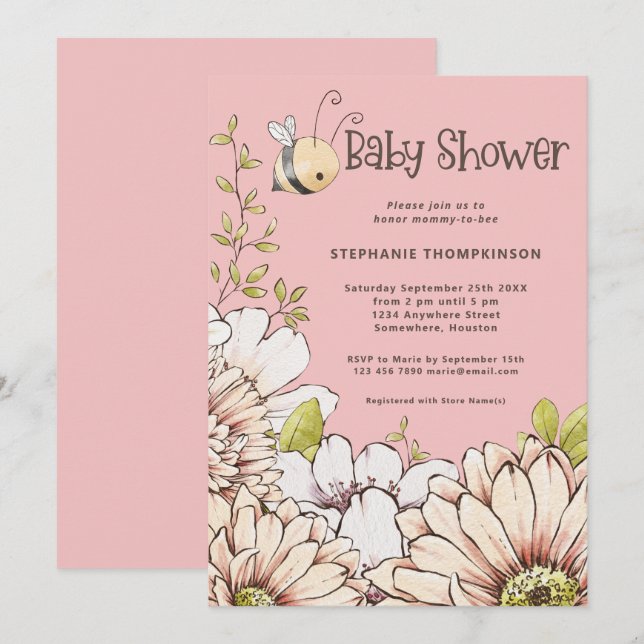 Invitation Bumblebee Florals Baby Rose Douche (Devant / Derrière)