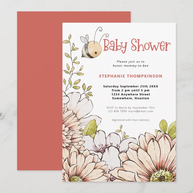 Invitation Bumblebee Florals Baby shower de corail (Devant / Derrière)