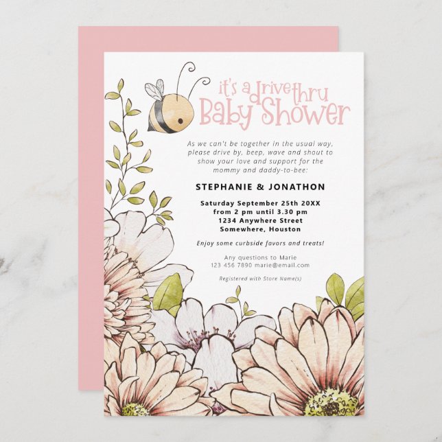Invitation Bumblebee Florals Drive Thru Baby Rose Douche (Devant / Derrière)