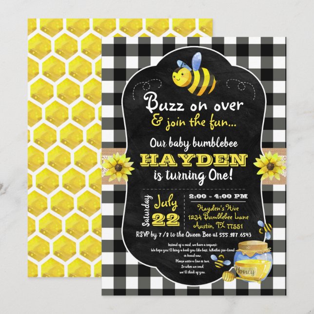 Invitation Bumblebee Honey Comb Sweet Baby Premier anniversai (Devant / Derrière)