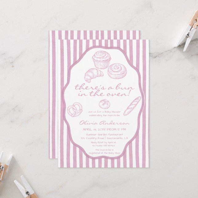 Invitation Bun in the oven pale pink pinstripes Baby Shower (Devant/Arrière en situation)