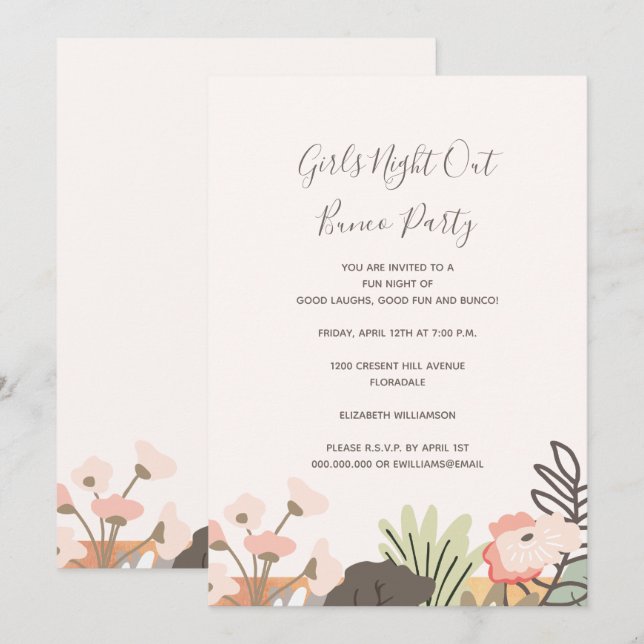 Invitation Bunco Party Girls Night Out Floral Script moderne (Devant / Derrière)