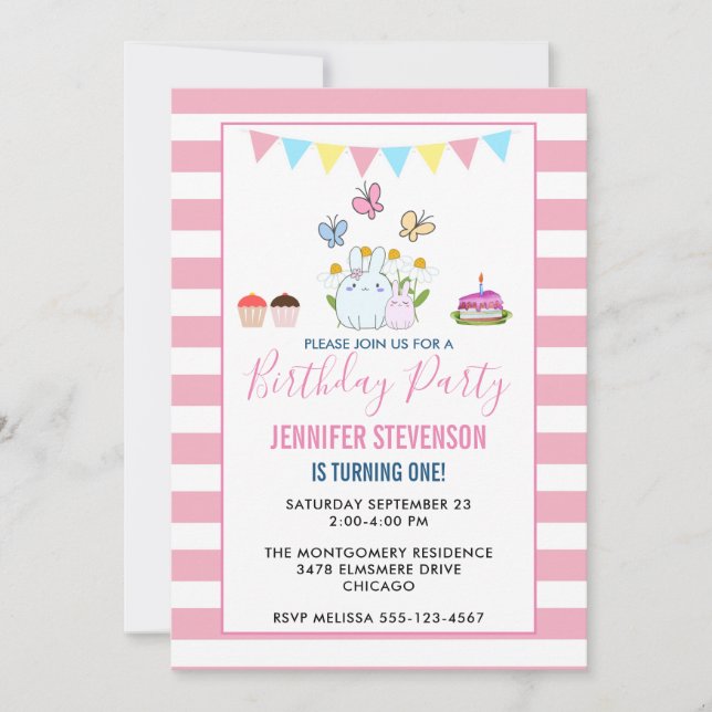 Invitation Bunnies, papillons et marguerites fête d'anniversa (Devant)