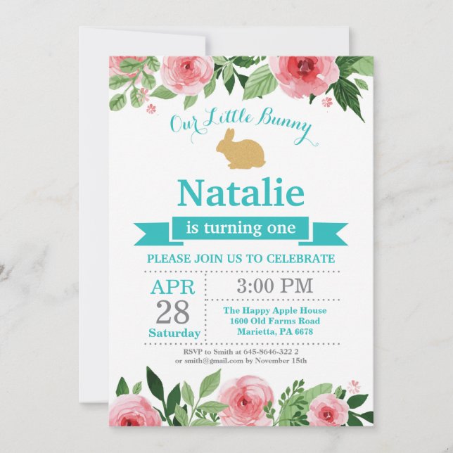 Invitation Bunny Anniversaire Fille de Pâques Oeuf 1er Annive (Devant)