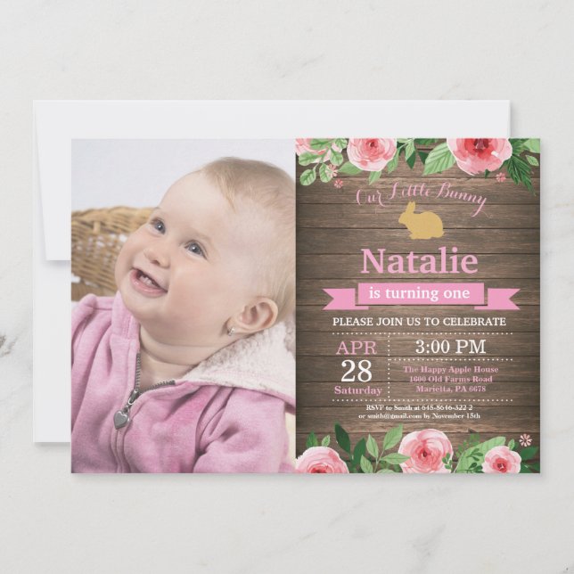 Invitation Bunny Anniversaire Fille de Pâques Oeuf 1er Annive (Devant)
