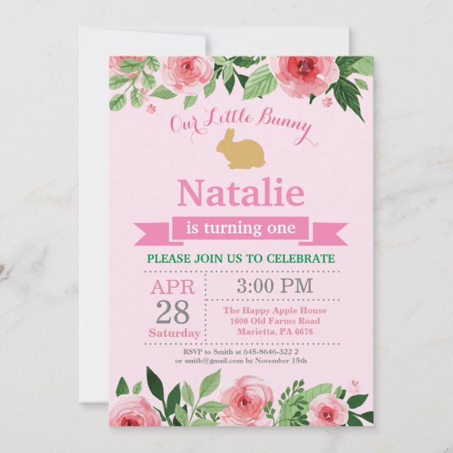 Invitation Bunny Anniversaire Fille de Pâques Oeuf 1er Annive (Devant)