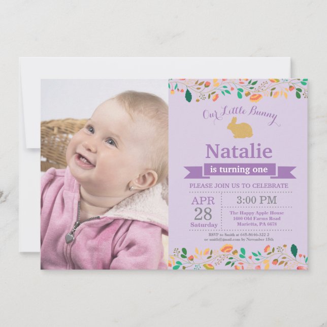 Invitation Bunny Anniversaire Fille de Pâques Oeuf 1er Annive (Devant)