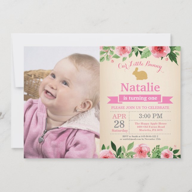 Invitation Bunny Anniversaire Fille de Pâques Oeuf 1er Annive (Devant)